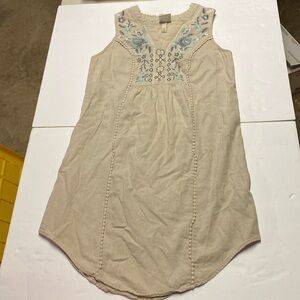 Linen Blend Sleeveless Embroidered Shift Dress V-Neck Size M Beige Knox Rose